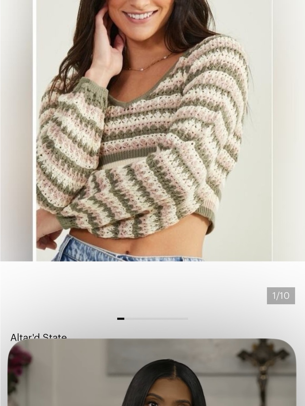 Altar'd State Cropped Open-Knit Stripe Sweater White Tan Full Sleeve XS